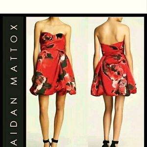 Aidan Mattox Size 2 Floral Red & Black Flare Fit Spaghetti Strap Cocktail Dress